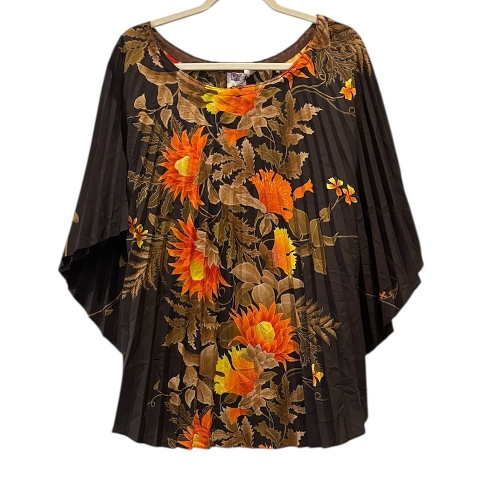 1970s Resort Line Hawaii Floral Barkcloth Accordion Pleated Kaftan O/S Top